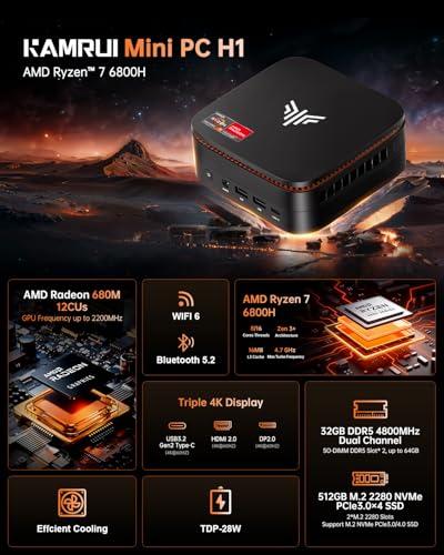 KAMRUI Mini Gaming PC, Hyper H1 11 Pro AMD Ryzen 7 6800H (8C/16T,up to 4.7GHz) Mini PC, 32GB DDR5 4800MHz 512GB SSD,Mini Desktop Computers Radeon 680M Triple 4K Display/2.5G LAN/Wi
