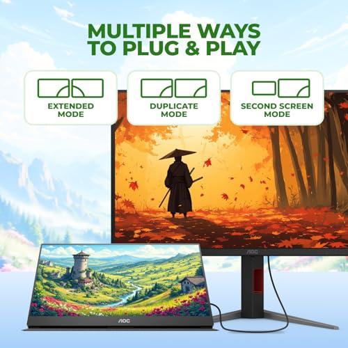 AOC 16T20 Portable Monitor 15.6" FHD 1080p IPS Display, USB-C, Mini HDMI, Built-in Speakers, Travel Monitor with Smart Cover, Compatible with Laptops, MacBook, Gaming Console Ready