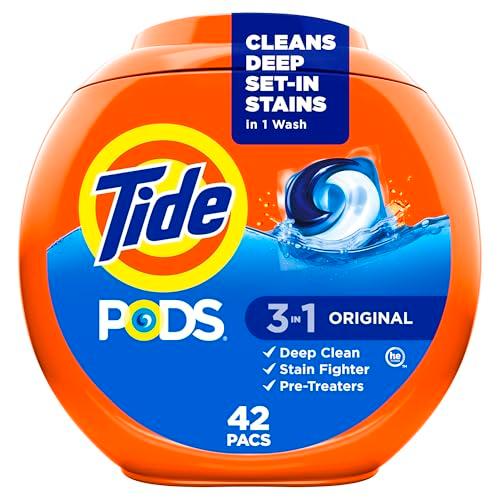 Tide PODS laundry detergent pacs, 3-in-1 Stain Remover, Odor Fighter, Color Protector, 42 Count, HE compatible, Original Scent