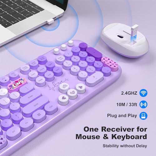 MOFII Wireless Keyboard and Mouse Combo, Full Size 2.4G Plug and Play Typewriter Retro Round Computer Keyboard and Mouse Set for Windows, Computer, Desktop, PC, Notebook - (Purple 