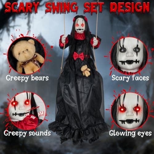 Scary Halloween Hanging Decorations Outdoor,4.6FT Hanging Swing Girl Doll | Slap Activated Creepy Halloween Hanging Prop with Spooky Sounds Expressions & Light-Up Eyes for Yards,Patios & Haunted House