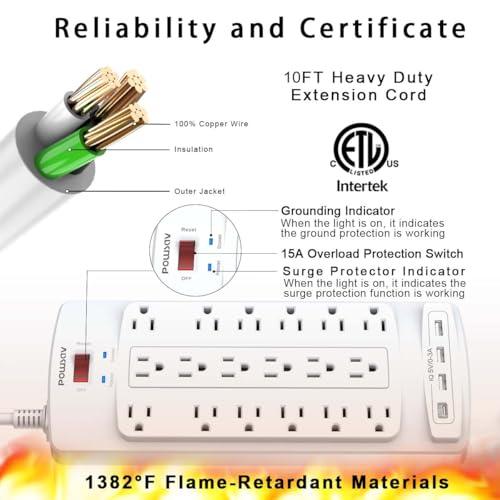 Regleta Protectora de Sobretensión de 18 Tomas con 4 USB, Cable Plano de 3m y 2100 Joules
