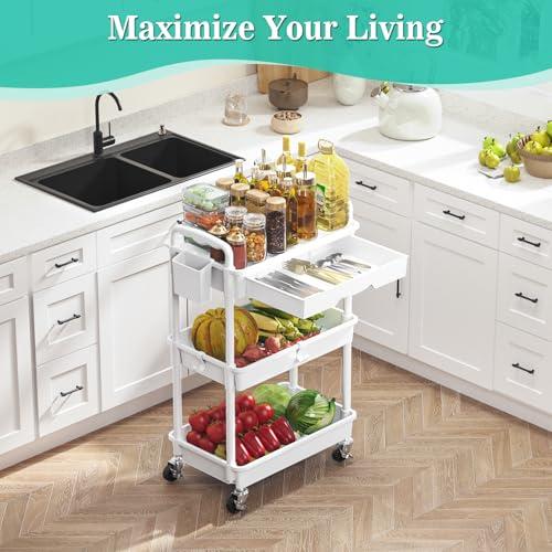 SUNALLY 3 Tier Rolling Cart with Drawer, Bathroom Storage Organizer with 2 Lockable Wheels, Multifunctional Rolling Storage Cart for Bathroom, Kitchen, Office, Craft, Makeup, Baby  thumbnail 6