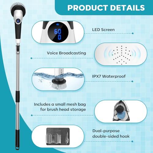 YKYI Electric Spin Scrubber,Cordless Cleaning Brush,Shower Cleaning Brush with 8 Replaceable Brush Heads,Power Scrubber 3 Adjustable Speeds,Adjustable & Detachable Long Handle,Voic