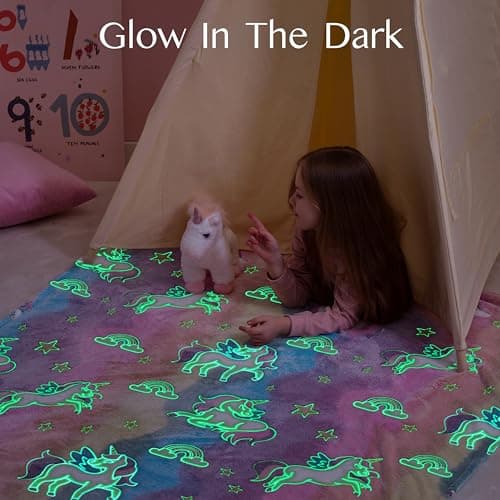 Joiedomi Glow in The Dark Blanket - Unicorns Gifts Toys for Girls Age 2 3 4 5 6 7 8 9 10 11 12 Year Old - Soft Cozy Flannel Kids Throw Blanket, Birthday Bedroom Decor 50"×60"