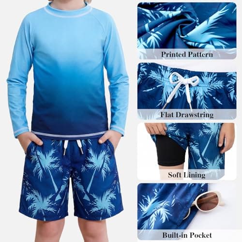 Belovance Boys Two Piece Rash Guard Swim Set Kids Long Sleeve Bathing Suit Swimwear Shirt with Trunks Swimming Suits Surfing Beach Clothes Quick Dry Size 6 7 Dark Blue thumbnail 6