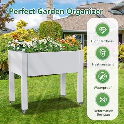 PatioZen Raised Garden Bed with Legs, 28.9" Tall Self-Watering Raised Planter Box with Lockable Wheels, Drainage Plug and Gauge for Vegetables Flowers, Rustproof Resin for Backyard thumbnail 6
