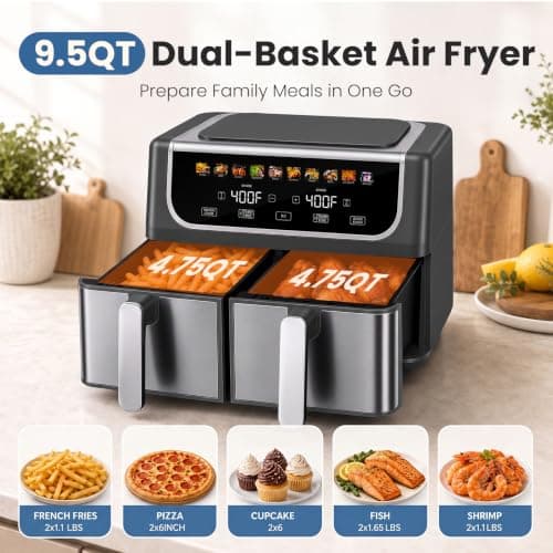 OLIXIS Dual Air Fryers with 2 Baskets 9.5 Quarts Large Airfryer 10-in-1