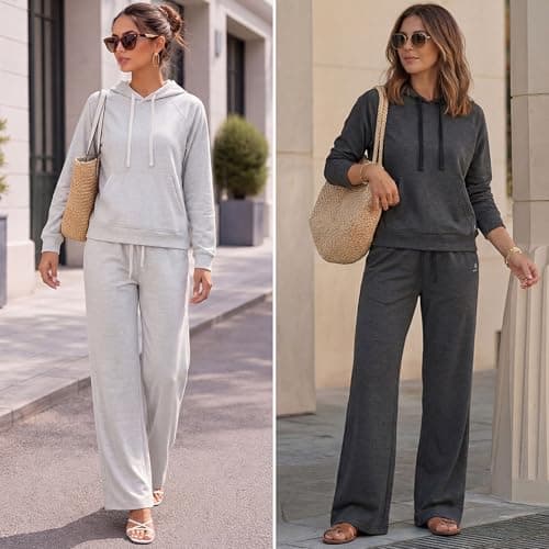 Showitty Women's 2 Piece Lounge Set Hoodie Wide Leg Pants Airport Travel