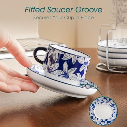 vancasso 2.5OZ Espresso Cups Set of 4, Porcelain Stackable Cappuccino Cups, Demitasse Coffee Cups and Saucers Set with Metal Stand for Specialty Drinks, Series SELENE (Vintage Blue thumbnail 9