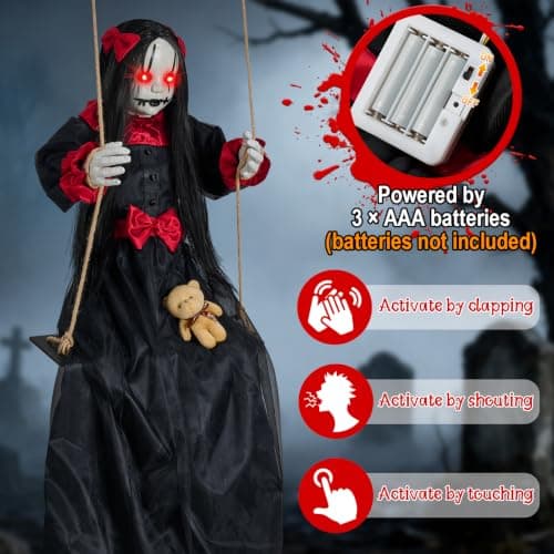 Scary Halloween Hanging Decorations Outdoor,4.6FT Hanging Swing Girl Doll | Slap Activated Creepy Halloween Hanging Prop with Spooky Sounds Expressions & Light-Up Eyes for Yards,Patios & Haunted House
