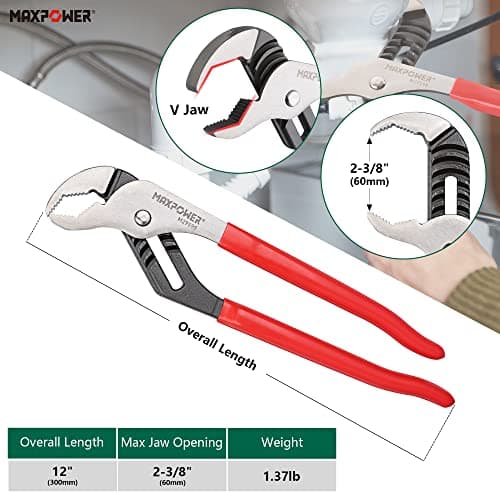 MAXPOWER Groove Joint Pliers Set, 8 inch and 12 inch Quick Adjustable Serrtated V Jaw Tongue and Groove Pliers thumbnail 2