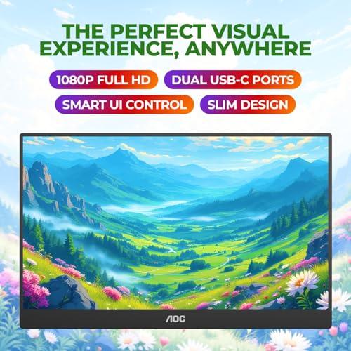 AOC 16T20 Portable Monitor 15.6" FHD 1080p IPS Display, USB-C, Mini HDMI, Built-in Speakers, Travel Monitor with Smart Cover, Compatible with Laptops, MacBook, Gaming Console Ready
