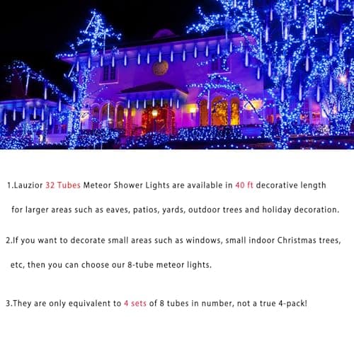 Blue Christmas Lights Outdoors, 32 Tubes Meteor Shower Rain Lights for Xmas | Equivalent to 4 Sets of 8-Tubes, Waterproof Christmas Halloween Decorations for Yard Outside Tree Roof Decor, UL Plug thumbnail 5