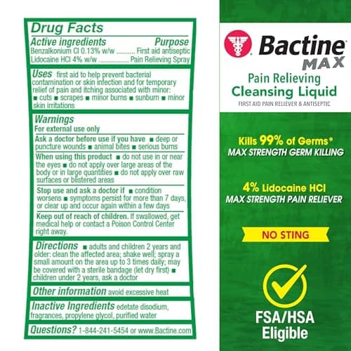 Bactine Max Pain Relieving Antiseptic Spray with Lidocaine, First Aid Pain + Itch Relief, No-Sting, Kills 99% of Germs*, 5oz
