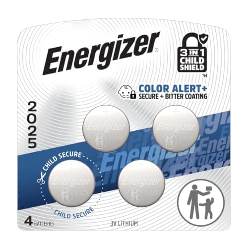 Energizer 2025 Batteries (4 Pack), 3V Lithium Coin Lithium Batteries with 3-in-1 Child Shield
