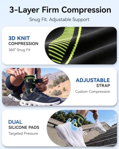 Tobillera SOLOEVER de Compresión para Hombre y Mujer con Almohadillas de Silicona y Correa Envolvente (Negra, Mediana)