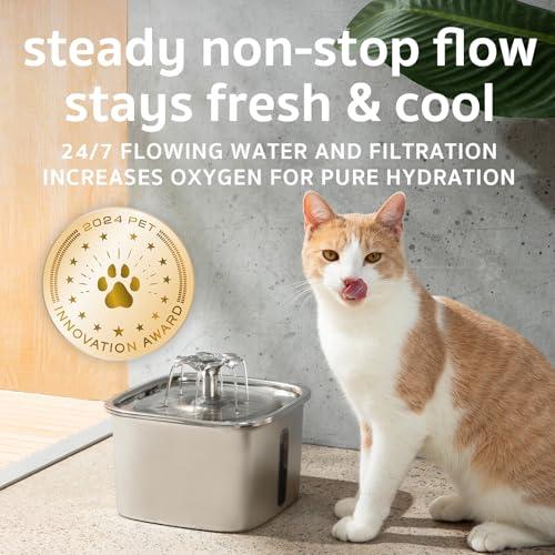 Veken Innovation Award Winner Stainless Steel Cat Water Fountain, 95oz/2.8L Automatic Pet Fountain Dog Water Dispenser with Replacement Filters & Silicone Mat, Gifts for Cats, Dogs
