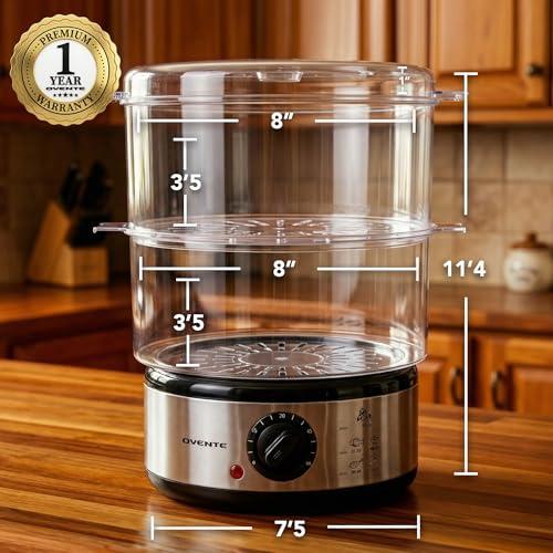 OVENTE 2-Tier Electric Food Steamer, 5 Quart Stainless Steel Stackable Steam Cooker with 400W Power, 60-Minute Timer & Auto Shut-Off, Dishwasher Safe, Healthy Vegetable & Seafood S thumbnail 7