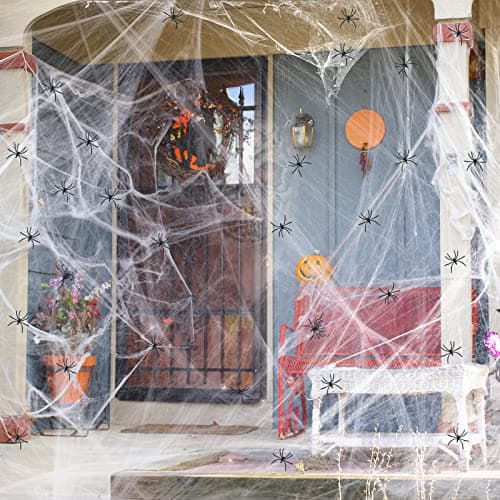 Decoraciones Telarañas Halloween ZPISF 1400 sqft con 150 Arañas Falsas Extra, Súper Elásticas para Interiores y Exteriores