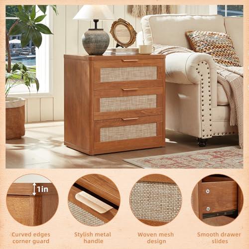 Buró de Noche LEYAOYAO de Rattan con 3 Cajones Estilo Boho