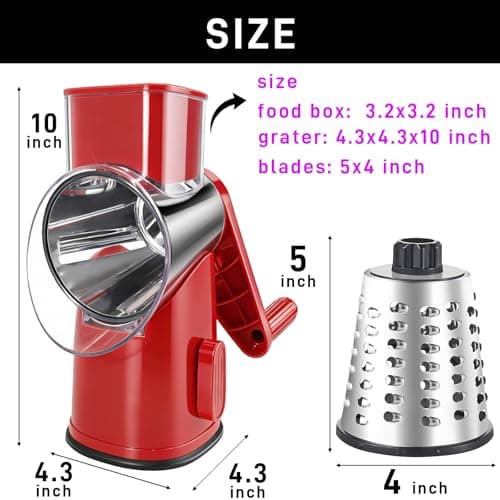 Weltonhm 4 in 1 Large Rotary Cheese Grater Hand Crank (red, 3 Graters)