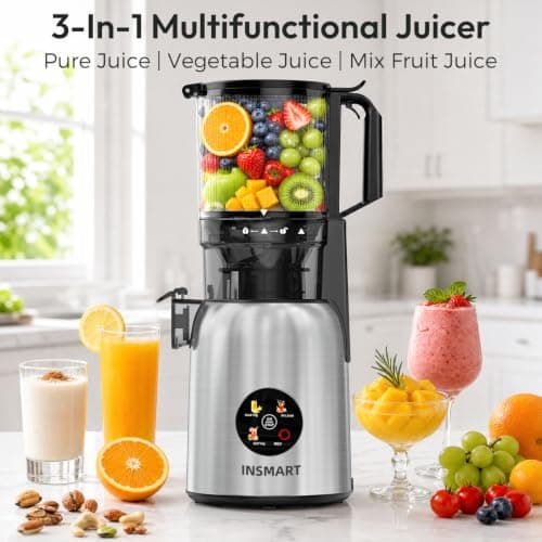 INSMART Juicer Machines, 3-in-1 Cold Press Juicer High Juice Yield | 300W Slow Masticating JuicerS Extractor Machine for Whole Fruits/Vegetables, Low Noise and Safety Lock
