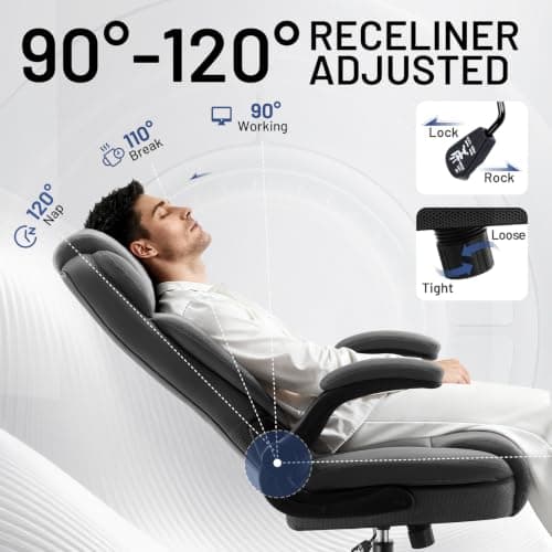 AreShark Ergonomic Office Chair with High Back Headrest,PU Leather Executive Desk Chair Padded Flip-Up Armrests,Lumbar Support,Swivel Computer Chair for Home Office & Gaming,Gray thumbnail 5