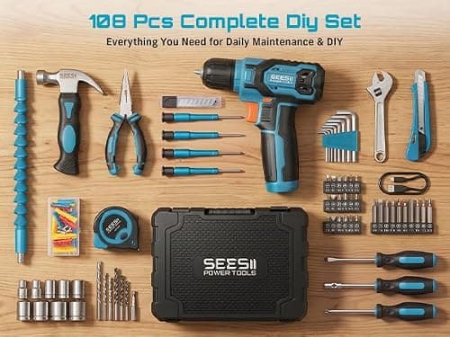 Seesii Cordless Drill Set, 108 Pcs Home Tool Kit, 12Nm Torque & Battery | Steel Bits for DIY Home Repair & Furniture Assembly, Flexible Shaft, 3/8" Keyless Chuck, Housewarming Gifts for Men Dad