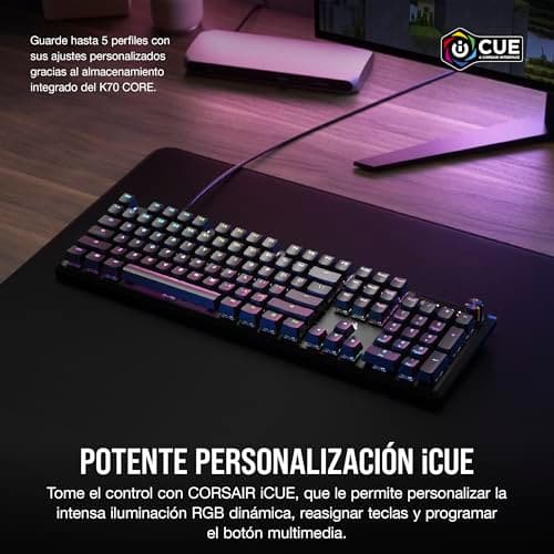 Miniatura de Teclado Gamer Mecánico CORSAIR K70 CORE RGB Negro con Reposamuñecas – Switches Lineales MLX Red Pre-Lubricados, Teclas ABS Doble Inyección, Amortiguación de Sonido y Dial Multimedia 6