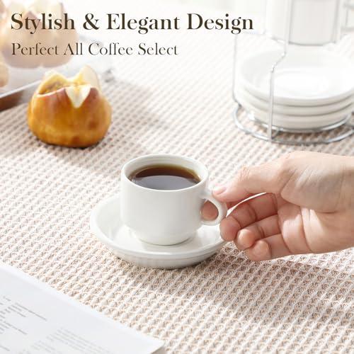 Miniatura de MALACASA Set de 4 Tazas de Espresso 2.5 oz Blancas con Platillos y Soporte Metálico, Apilables 5