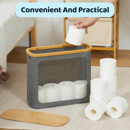 Miniatura de ROSOS Toilet Paper Basket, Toilet Paper Storage with Lid for 12 Rolls, Bathroom Storage Organizer with Bamboo Lid, Grey 7