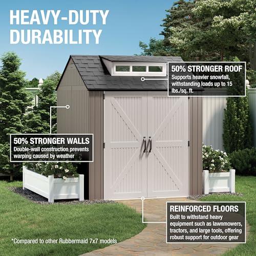 Rubbermaid Large Resin Outdoor Storage Shed With Floor (7 x 7 Ft.), Weather Resistant, Brown, Organization for Home/Lawn Mower/Backyard Equipment/Bike Storage/Pool Supplies thumbnail 3