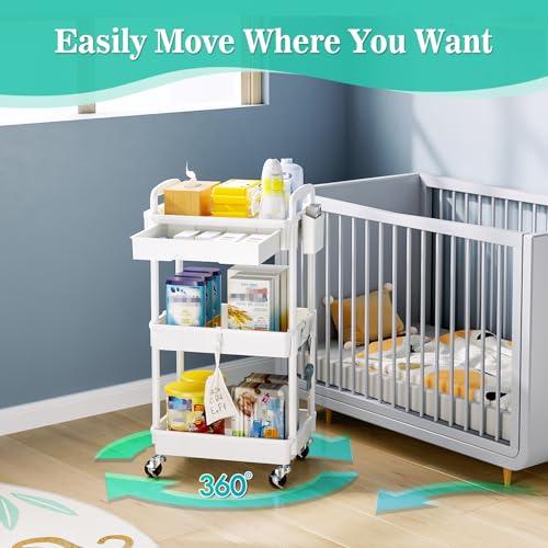 SUNALLY 3 Tier Rolling Cart with Drawer, Bathroom Storage Organizer with 2 Lockable Wheels, Multifunctional Rolling Storage Cart for Bathroom, Kitchen, Office, Craft, Makeup, Baby  thumbnail 4