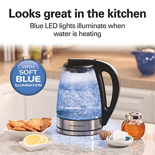 Hamilton Beach Electric Tea Kettle, Water Boiler & Heater, 1 Liter, 1500 Watts for Fast Boiling, BPA Free, Cordless Serving, Auto-Shutoff & Boil-Dry Protection, Blue LED, Glass (40