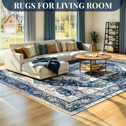 UKISS Washable Rugs Mats，Ultra Soft Faux Wool Memory Foam Rug for Bedroom, 5'x7' Non Slip Large Area Rugs for Living Room ，Low Pile Boho Carpets for Home Office,Blue thumbnail 5