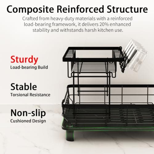 2-Tier Multifunctional Dish Drying Rack, Sturdy and Space-Saving | Large 12.95''W x 19.05''L x 12.63H Dish Drainer for Kitchen, Upgraded Drainage System, Stable and Slip-resistant Construction