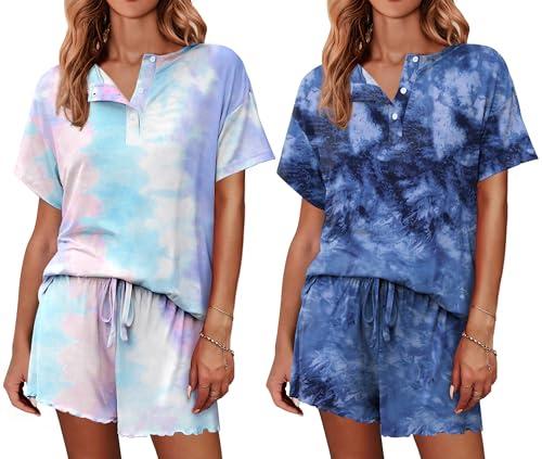 Ekouaer 2 Pack Womens Pajama Sets Short Sleeve Top with Shorts Soft Comfy Loungewear Sleepwear S