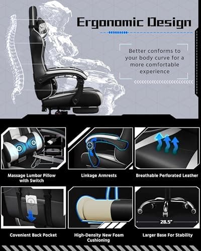 Yaheetech Gaming Chair with Footrest Massage Lumbar Pillow Black and White thumbnail 4