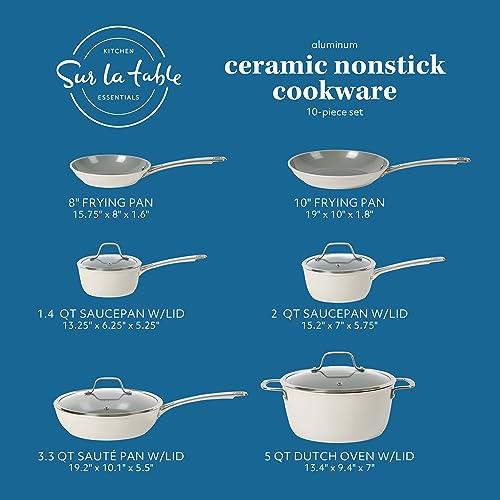 Sur La Table Kitchen Essentials 10 Piece PFA Free Non-Toxic Titanium Ceramic Nonstick Interior Forged Aluminum Cookware Pots and Pans Set - Linen White - Induction Compatible thumbnail 2