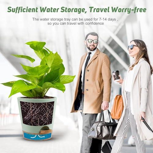 Miniatura de Macetas YNNICO Autorriego con Drenaje y Platos, 6 Tamaños (Verde+Café) 6