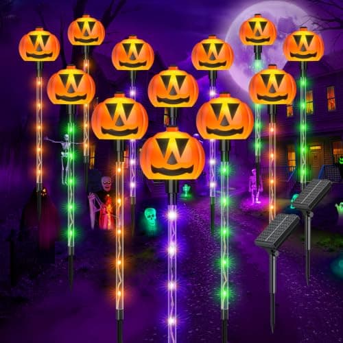 12 Pack Halloween Outdoor Decorations Solar Pathway Stake Pumpkin Lights