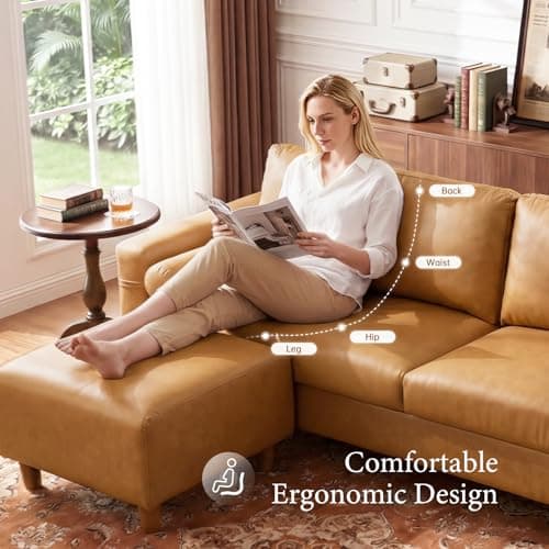 Vesgantti 100" L-Shaped Faux Leather Sectional Couch, Wide Seating, Camel