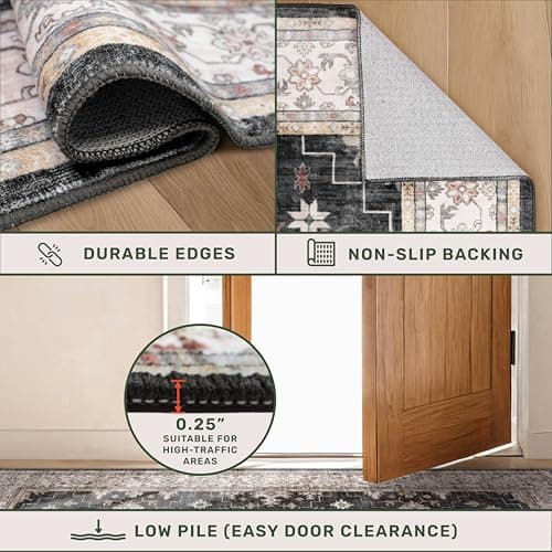 Black Boho Washable 2x6 Runner Rugs for Hallway Kitchen Bedroom Beside Laundry Room Bathroom Rug, Pet & Kids Friendly, Non Slip Low Pile Stain Resistant Soft Foldable Long 24 x 72  thumbnail 5