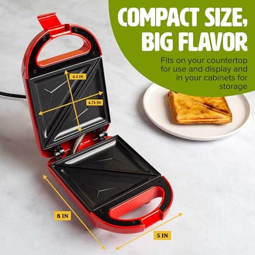 Tasty Mini Sandwich Maker, Makes Sandwiches, Paninis, Grilled Cheese, Desserts, Quick Results, Easy Cleanup, 600W, Red thumbnail 3