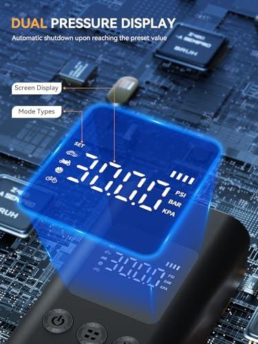 AIRSURE Tire Inflator Portable Air Compressor, 150 PSI Fast Inflation Cordless Air Pump with LED Light, Auto Shut-Off, Rechargeable Battery for Car, Motorcycle, Bike, and Sports Ba thumbnail 4