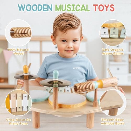Kids Drum Set, Montessori Musical Instruments for Toddlers 1-3, Wooden Musical Toys for Baby 12-18 Months, Preschool Educational Xylophone Drum Kit