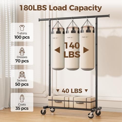 HYSEYY Clothes Rack, Clothing Rack for Hanging Clothes, Rolling Garment Rack Sturdy Coat Rack Portable Wardrobe Rack Metal Closet Rack for Bedroom Laundry Living Room, Black thumbnail 2