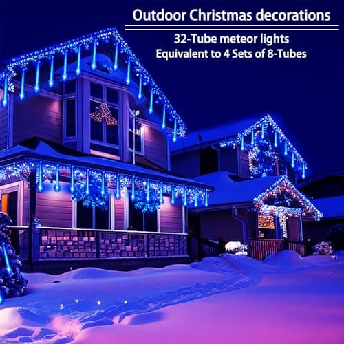 Blue Christmas Lights Outdoors, 32 Tubes Meteor Shower Rain Lights for Xmas | Equivalent to 4 Sets of 8-Tubes, Waterproof Christmas Halloween Decorations for Yard Outside Tree Roof Decor, UL Plug thumbnail 2