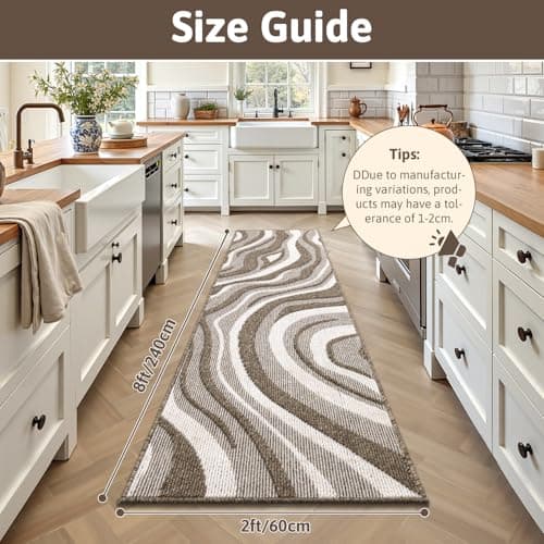 Yamaziot Washable Hallway Runner Rug 2x8 – Non Slip Modern Abstract High-Low Textured Kitchen Runner Rug, Boho Carpet Runner for Kitchen, Entryway, Bedroom, Laundry, Hallway, Beige thumbnail 2